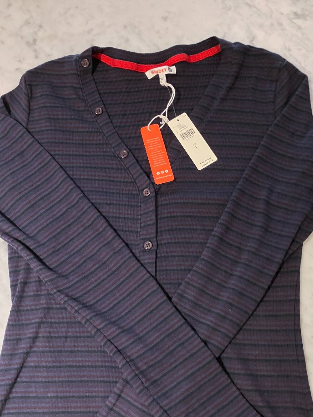 NWT Anthropologie Sundry Large Navy Blue Striped  Button Dress